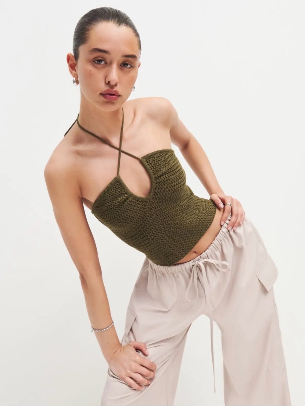 Reformation Suzanne Halter Sweater Tank Olive Oil Green Open Knit Keyhole Top L - Picture 1 of 10